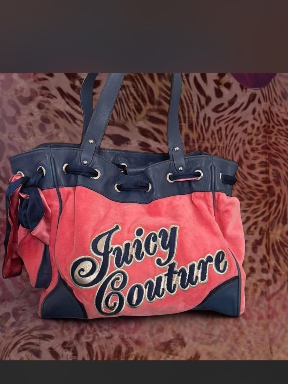 Juicy Couture Coral Pink and Navy Suede/Leather Tote